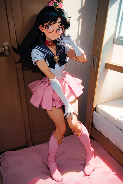 A black-haired, freckled, glasses-wearing girl dressed as Sailor Chibi Moon wearing white gloves and pink boots in her room with a shy look on her face