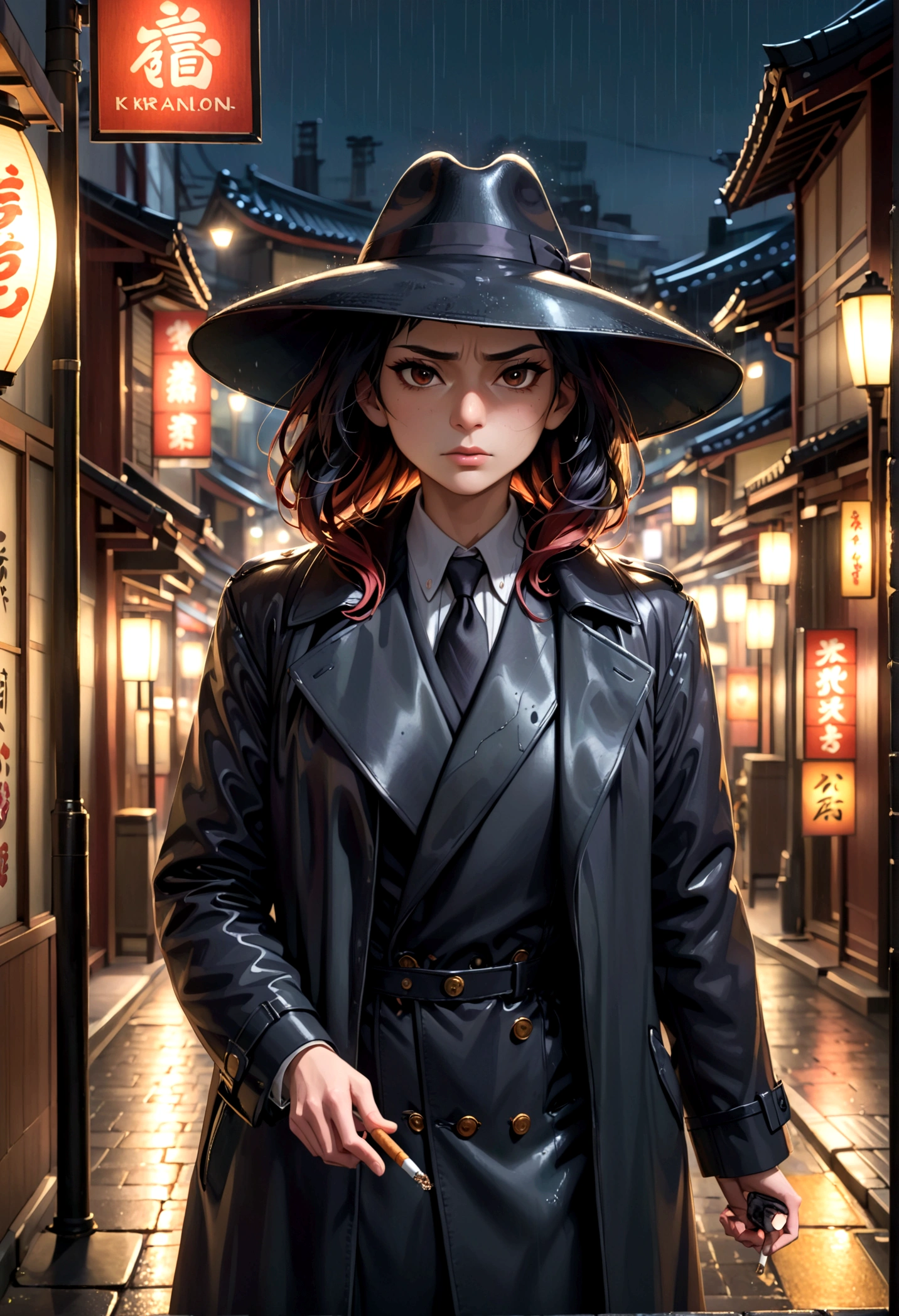a yakuza member in a black trench coat, black felt wide rim hat, holding a lit cigarette, grim dark expression, walking on the sidewalk on a dreary tokyo night, light rain, street lamps, 4k, 8k, highres, masterpiece, realistic, photorealistic, photo-realistic, HDR, UHD, studio lighting, ultra-fine painting, sharp focus, physically-based rendering, extreme detail description, professional, vivid colors, bokeh, chiaroscuro, moody, atmospheric, cinematic, dramatic lighting