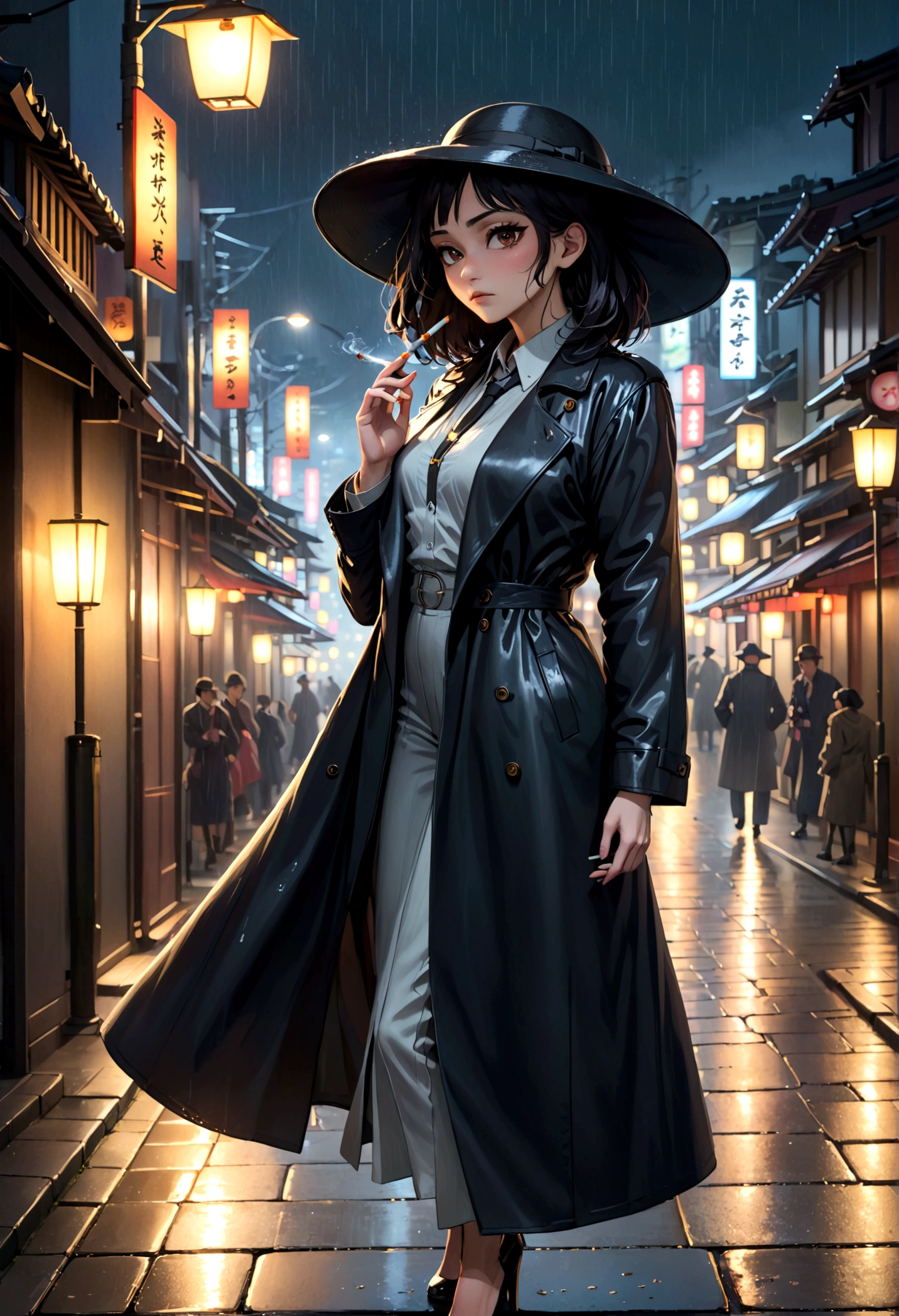 a yakuza member in a black trench coat, black felt wide rim hat, holding a lit cigarette, grim dark expression, walking on the sidewalk on a dreary tokyo night, light rain, street lamps, 4k, 8k, highres, masterpiece, realistic, photorealistic, photo-realistic, HDR, UHD, studio lighting, ultra-fine painting, sharp focus, physically-based rendering, extreme detail description, professional, vivid colors, bokeh, chiaroscuro, moody, atmospheric, cinematic, dramatic lighting