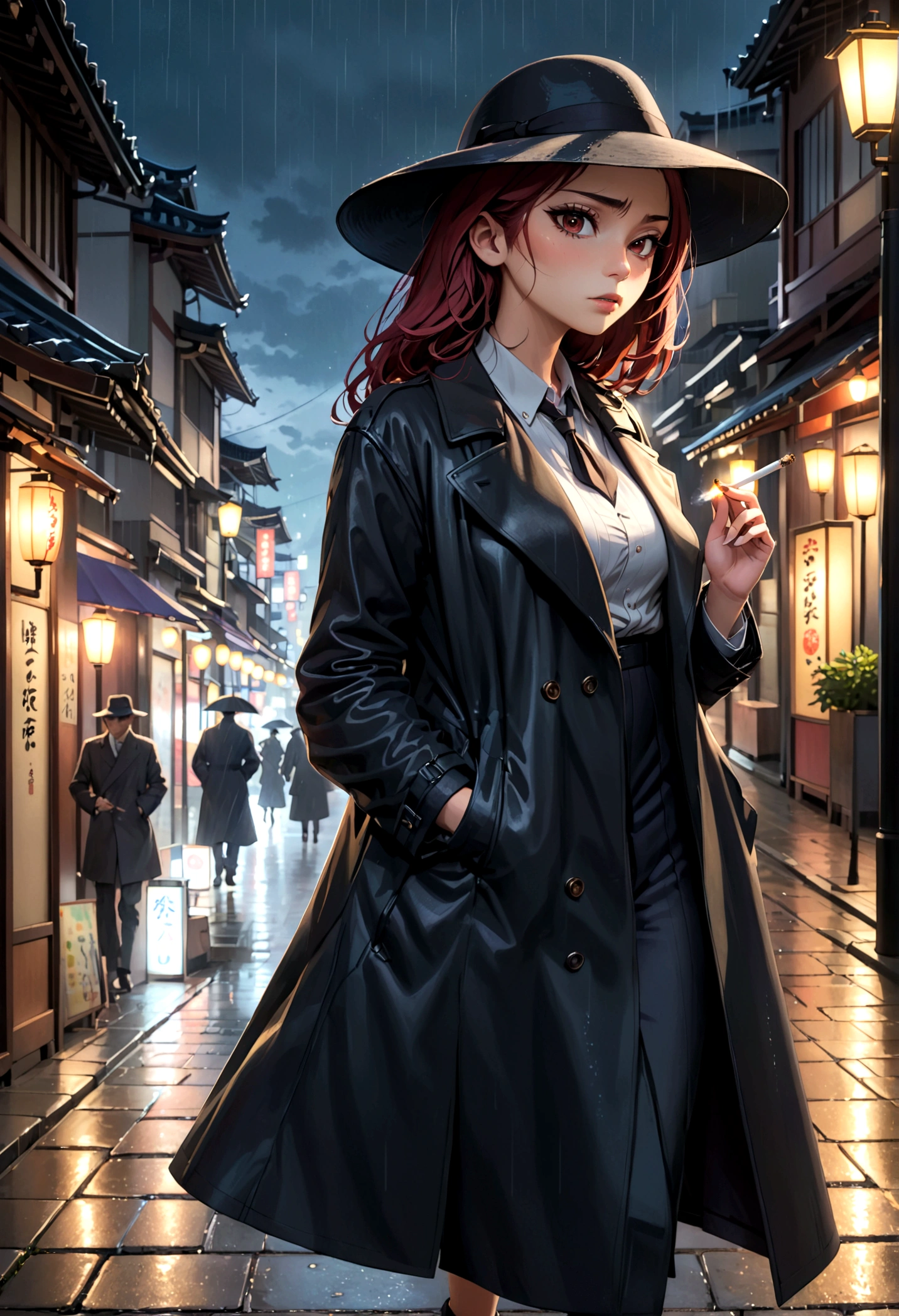 a yakuza member in a black trench coat, black felt wide rim hat, holding a lit cigarette, grim dark expression, walking on the sidewalk on a dreary tokyo night, light rain, street lamps, 4k, 8k, highres, masterpiece, realistic, photorealistic, photo-realistic, HDR, UHD, studio lighting, ultra-fine painting, sharp focus, physically-based rendering, extreme detail description, professional, vivid colors, bokeh, chiaroscuro, moody, atmospheric, cinematic, dramatic lighting