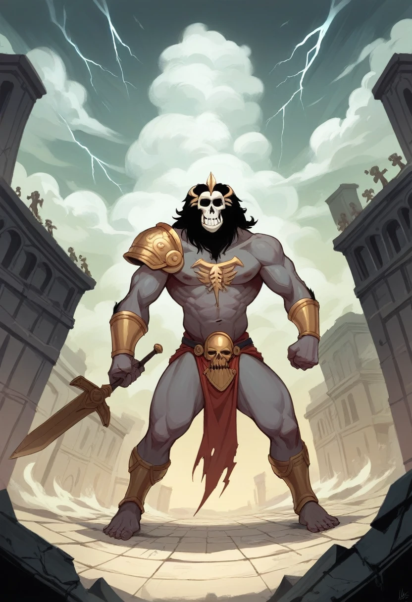 Hoplite man. Greek helmet with black mane, Greek armor with gold accents. Wielding gladius sword and wide circular dark shield. Attacking, against, monstrous and colossal black lion. Greek city ruins, skeleton warriors surrounding. Cloudy and stormy skies, overtaken by lightning. Art style: Grim Dark fantasy comics.