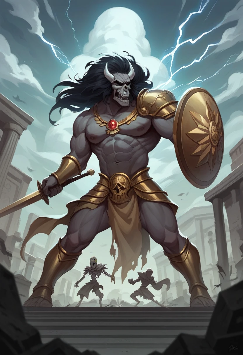 Hoplite man. Greek helmet with black mane, Greek armor with gold accents. Wielding gladius sword and wide circular dark shield. Attacking, against, monstrous and colossal black lion. Greek city ruins, skeleton warriors surrounding. Cloudy and stormy skies, overtaken by lightning. Art style: Grim Dark fantasy comics.