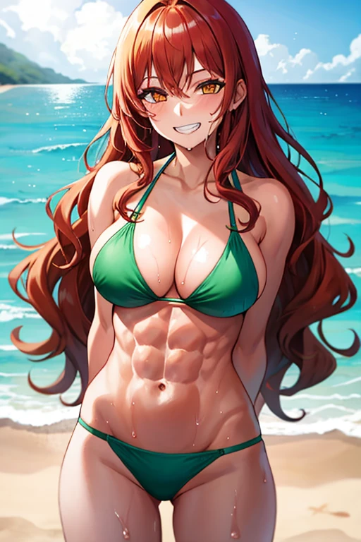 one girl, long wavy hair, red blond hair, orange eyes,big breasts,strong abs, hair over shoulders,(happy smile,clenched teeth), (makeup),light green bikini,standing,hands behind back,beach,wet body, pov from front