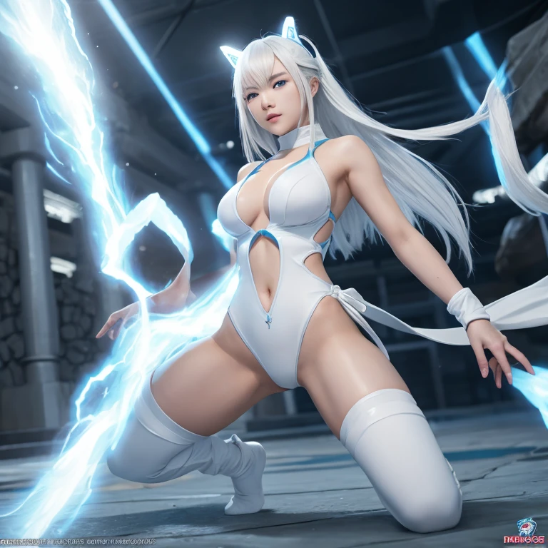 Korean girl, white long hair with bangs, icy blue eyes, white skin, white skimpy ninja suit, video game style, mortal kombat style