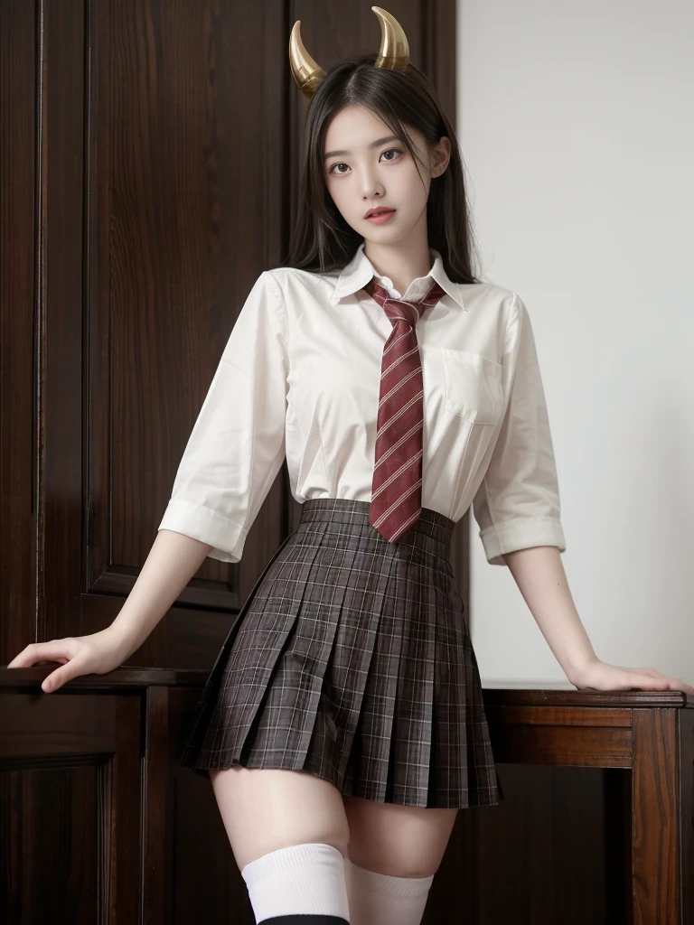 Korean School Uniform、Summer Uniform Shirts、Tight-fitting shirt、Ribbon Ties、skirt by the、Schools、stairs at school、Chest lifting pose、The focus is on the chest、Thin and large、8k RAW photo、hight resolution、18-year-old Korean、looking embarrassed、very large round breasts、intricate and fine details、long eyelasher、beautiful double eyelid、eyeshadows、eye line、elongated eyes、elongated eye shape、Sanpaku eyes are beautiful and thin, legit thin thighs、Random Shorthair、Tie your hair back、耳Nipple Ring、light brown hair、(Wear pantyhose)、Grab your knees,