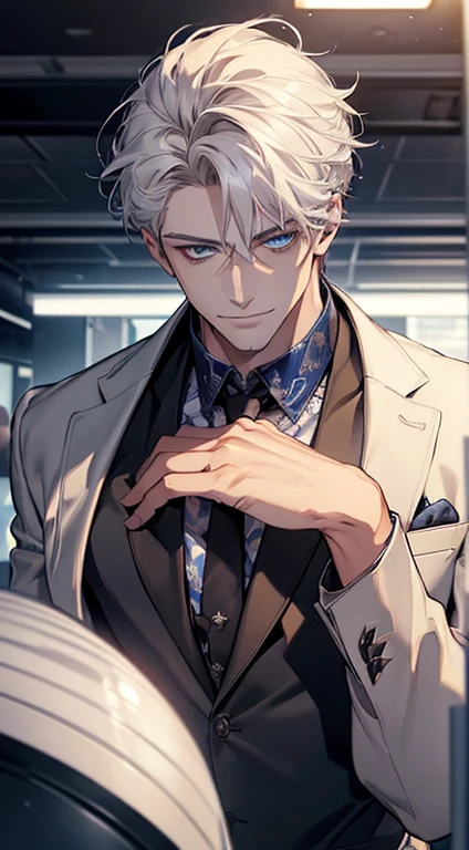 (best quality, masterpiece, 8K, photorealistic, cinematic lighting, hdr image, ultra detailed, beautiful image), 1 man, 31 years old, mature man, very handsome, (without expression, smile), short white hair, blue eyes ( penetrating gaze), perfect face without errors, imposing posture, without errors, businessman, office background