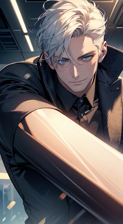 (best quality, masterpiece, 8K, photorealistic, cinematic lighting, hdr image, ultra detailed, beautiful image), 1 man, 31 years old, mature man, very handsome, (without expression, smile), short white hair, blue eyes ( penetrating gaze), perfect face without errors, imposing posture, without errors, businessman, office background