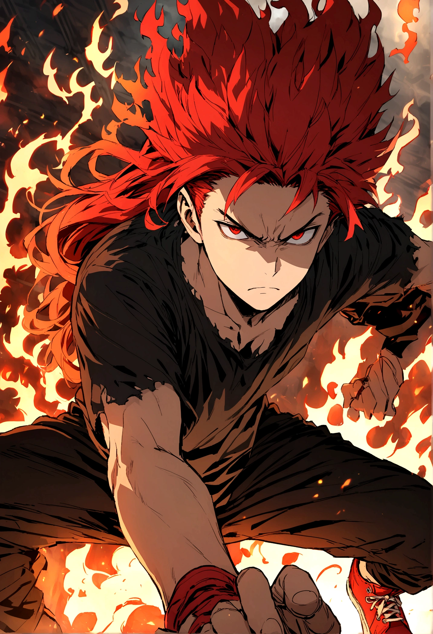 , hair spiked up, long hair, fiery red hair, serious face, Eyes red, black loose ripped shirt with details, black pants with details, Red sneakers, fire aura around the character, scene in an open-air fighting arena, lot of details,