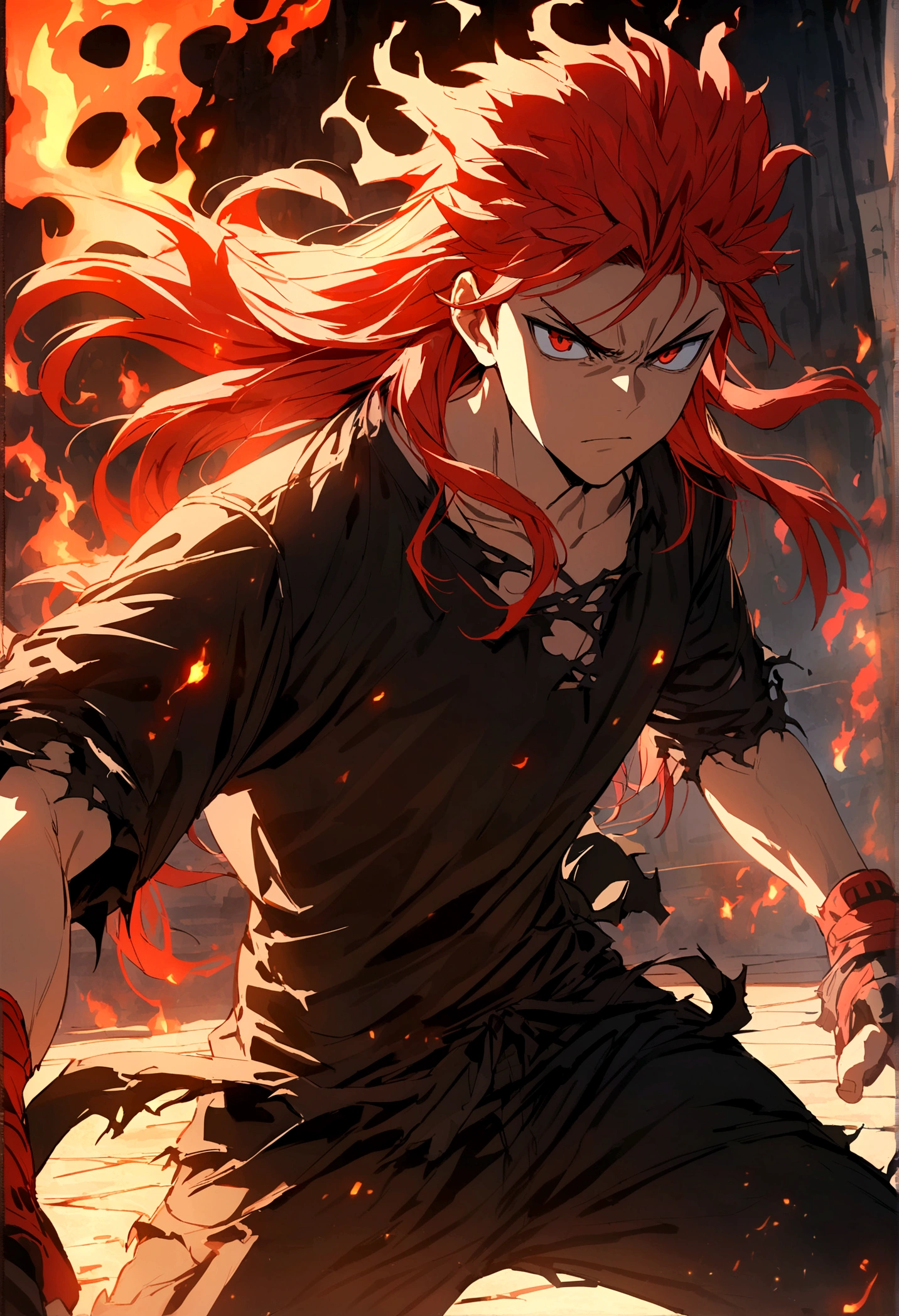 Teenage boy, hair spiked up, long hair, fiery red hair, serious face, Eyes red, black loose ripped shirt with details, black pants with details, Red sneakers, fire aura around the character, scene in an open-air fighting arena, lot of details,
