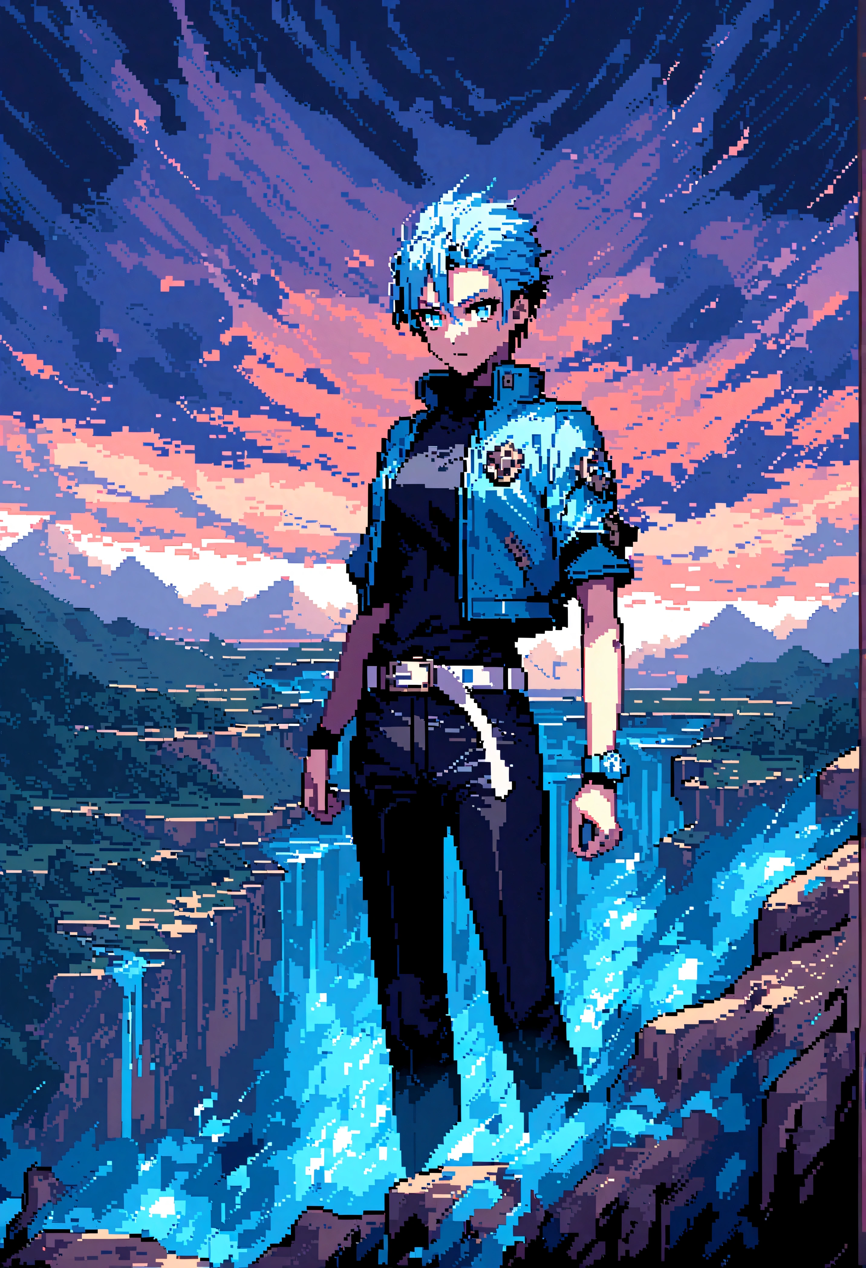 score_9、score_8_up、score_7_up、Expressiveh、d3p1x3l、Pixel Art、Super detailed、1 person、Grimmjow、Blue Hair、blue eyes、white cropped jacket、Black Shirt、Black pants、White belt、See who's watching、landscape、Close-up、、Glowing Eyes、blue energy、Blue aura、