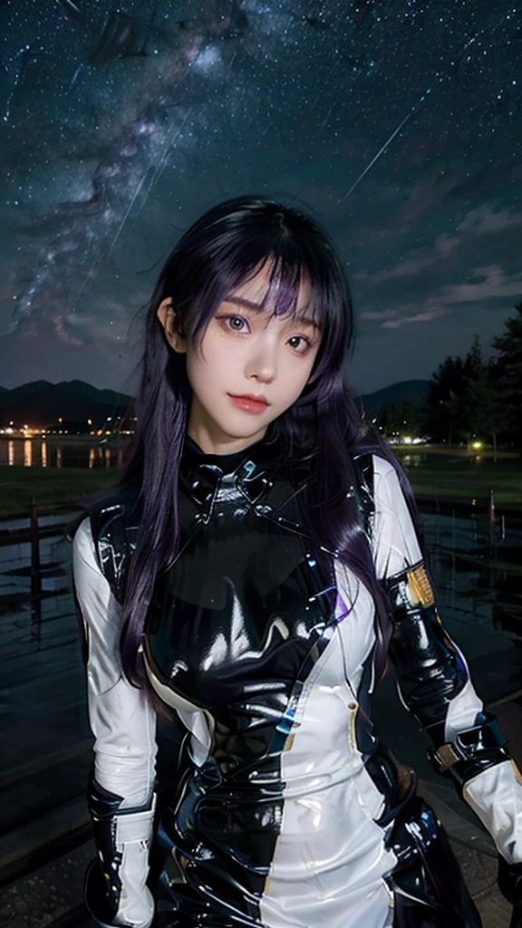 (1 Girl), masterpiece, photoPractical, 8K, (Practical: 1.2), whole body, Looking at the audience, Purple Hair, (Kafka: 1.2), walk, beauty, (Medium breasts: 1.2) night, night sky,Starry Sky,Future worldscape, rain, 紧身皮衣➕的结合,Bodysuit,Combat uniform,