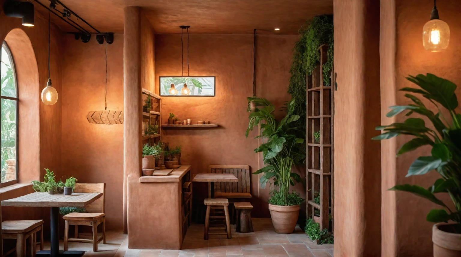 Restaurant interior, clay walls, natural clay columns, rustic wooden tables, rustic chairs, handcrafted look, natural textures, soft lighting, clay pendant lights, potted plants, greenery, cozy, welcoming,  masterpiece, (realistic:1.2) 8k uhd, dslr, soft lighting, high quality