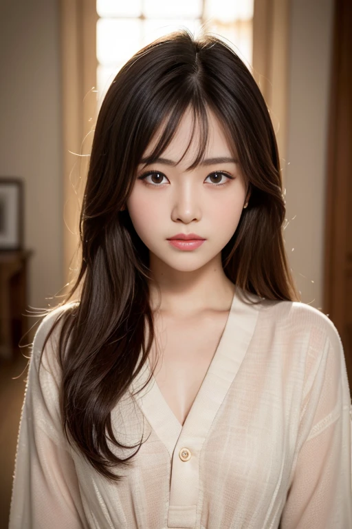 Highest quality, Face Focus, Soft Light, Ultra-high resolution, (Realistic:1.4), RAW Photos, 1 Japanese girl, alone, cute, (pupil, Light in your eyes), Beautiful face in every detail, (Small box),(High resolution detail of human skin texture), (Long Hair), indoor, Damask Shirt Dress, (Portraiture)
information
