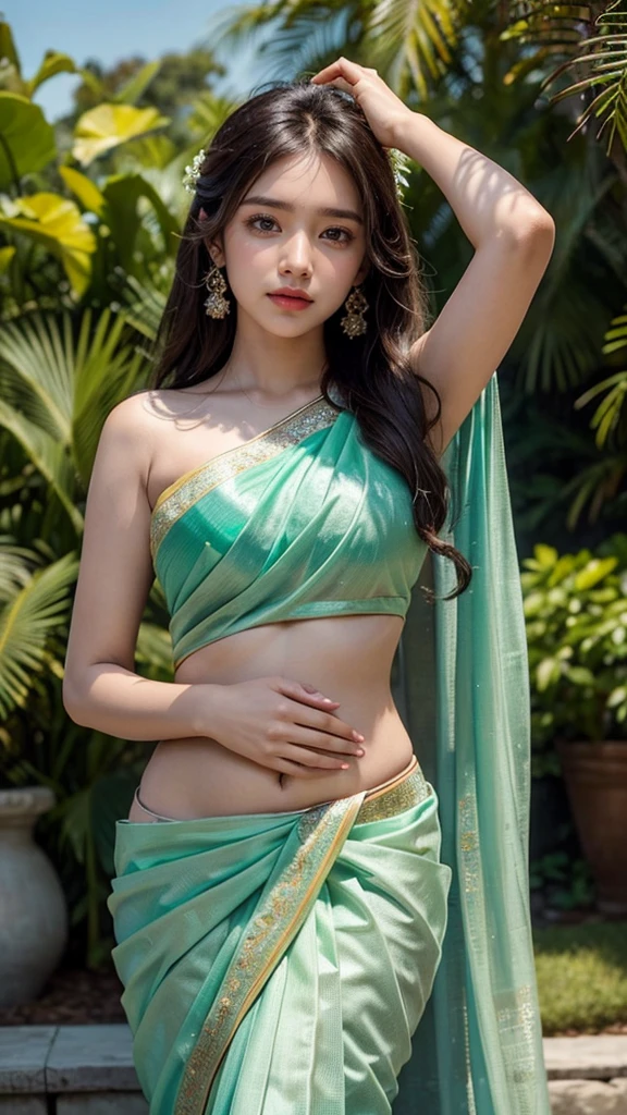 (Masterpiece:1.4), CG Unity 8k walpaper, ((Realistic: 1.2)), Ray Tracing, 64k,a girl 22 years, ((Luxury Mint Coloured wearing an elegant saree: 1.2)), ((100% Indian style saree wearing)), Super round Young breasts under the saree blouse, Naval showing, ((beautiful ovel shape perfect size belly button)), curly long hair,deep black eyes,shiny red lips,brown skin,lotus flower in her hair, palms decorated with henna,in a blooming garden,bright colorful flowers,green grass,blue sky,sunshine falling on her,peaceful and serene expression,subtle smile on her face,fingers delicately touching flower petals,body language full of grace and elegance, scenic beauty,painting as medium,detailed and vivid,high-resolution image,photorealistic rendering,vibrant colors,soft lighting,