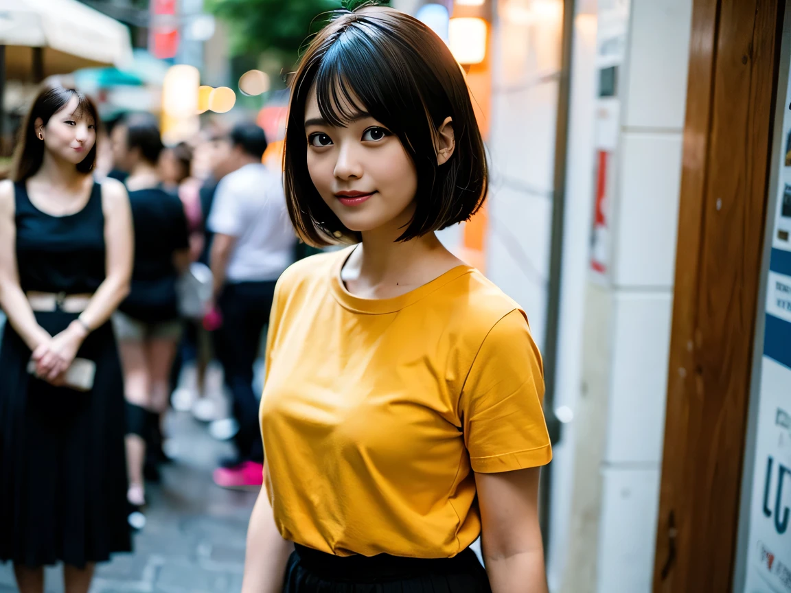 (8K, RAW Photos:1.2), Detailed face and eyes,最high quality, Ultra-high resolution, Very detailed ,Intricate details ,Tabletop ,pretty girl , Soft cinematic light, Hyper Detail,Sharp focus, high quality, Brown Hair,((Bobcut))、(Straight bangs)、 outside,T-Shirts、(Pleated skirt)、”dwarf”、(Full Body Shot)、Waist、(I can see your thighs)、Cowboy Shot、 smile、