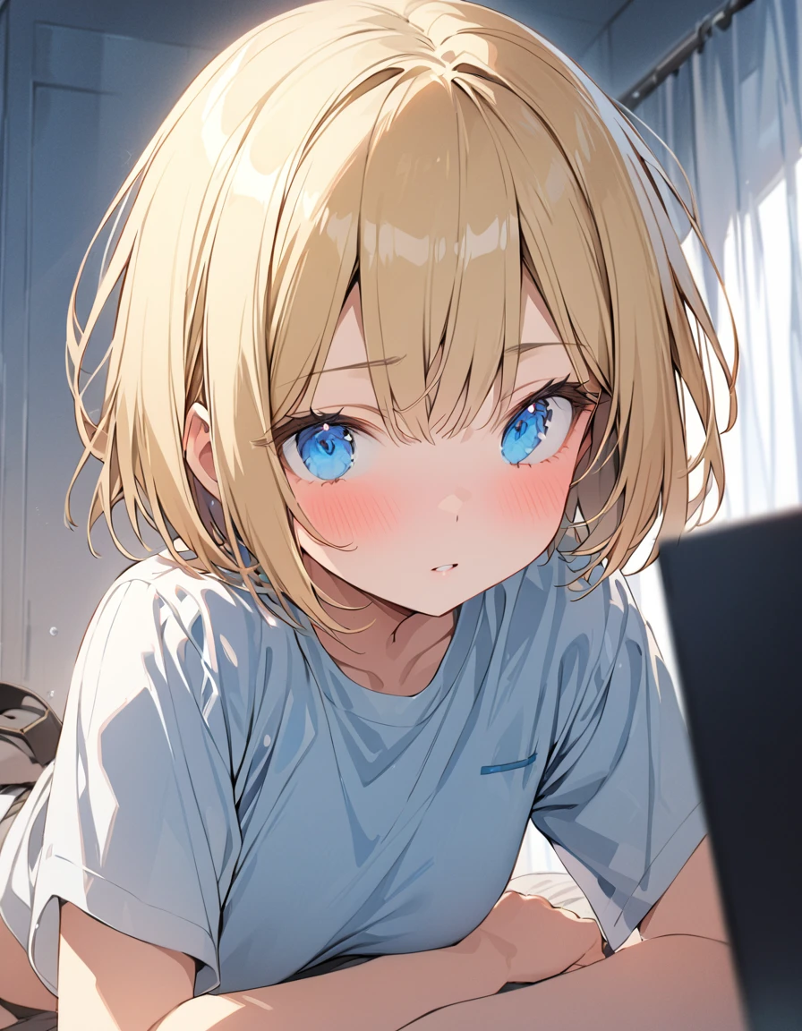 Super detailed description　masterpiece blonde girl(Short Bob Hair:1.4),(blue eyes) Are you okay？
