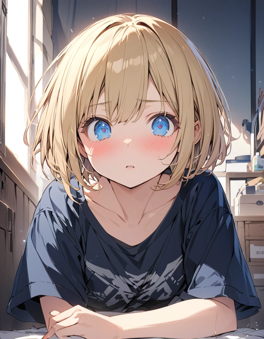 best quality,masterpiece,shiny blonde,blue eyes,white clothes, look down on, upper body,hair strand,Fair skin,short bob,wet