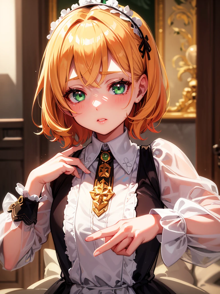 1loli girl, (), maid outfit, golden blonde short hair, red hair clip, green emerald eyes, cute, adorable, beautiful detailed eyes, beautiful detailed lips, extremely detailed face, long eyelashes, highly detailed, 8k, masterpiece, photorealistic, cinematic lighting, volumetric lighting, intricate details, elegant, delicate, charming