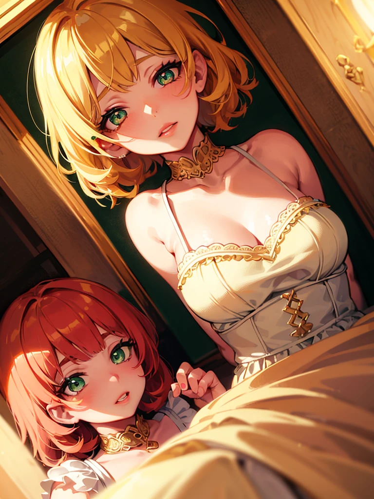 1loli girl, (Loli), maid outfit, golden blonde short hair, red hair clip, green emerald eyes, cute, adorable, beautiful detailed eyes, beautiful detailed lips, extremely detailed face, long eyelashes, highly detailed, 8k, masterpiece, photorealistic, cinematic lighting, volumetric lighting, intricate details, elegant, delicate, charming