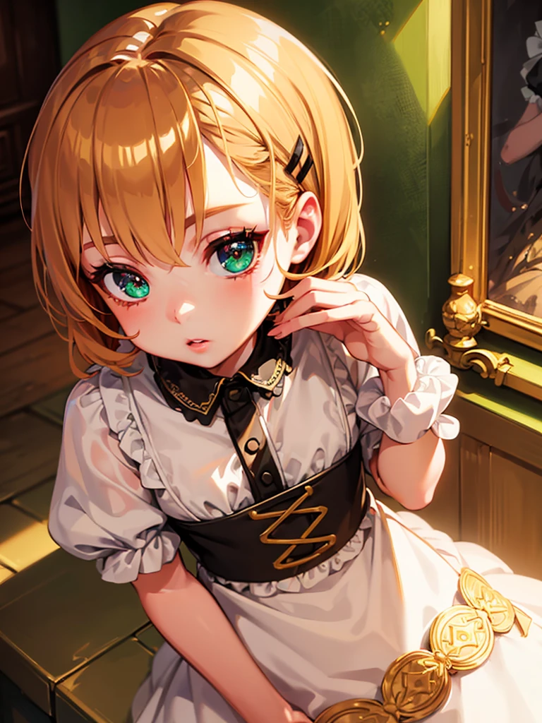 1loli girl, (Loli), maid outfit, golden blonde short hair, red hair clip, green emerald eyes, cute, adorable, beautiful detailed eyes, beautiful detailed lips, extremely detailed face, long eyelashes, highly detailed, 8k, masterpiece, photorealistic, cinematic lighting, volumetric lighting, intricate details, elegant, delicate, charming