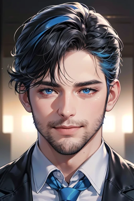 a handsome 35 year old man, 3 day beard, dark hair, sharp jawline, (mesmerizing blue eyes), perfectly styled hair, wearing cool anime outfitt, dynamic lighting, (CEO), (expression, smile in love), (best quality,4k,8k,highres,masterpiece:1.2),ultra-detailed,(realistic,photorealistic,photo-realistic:1.37)