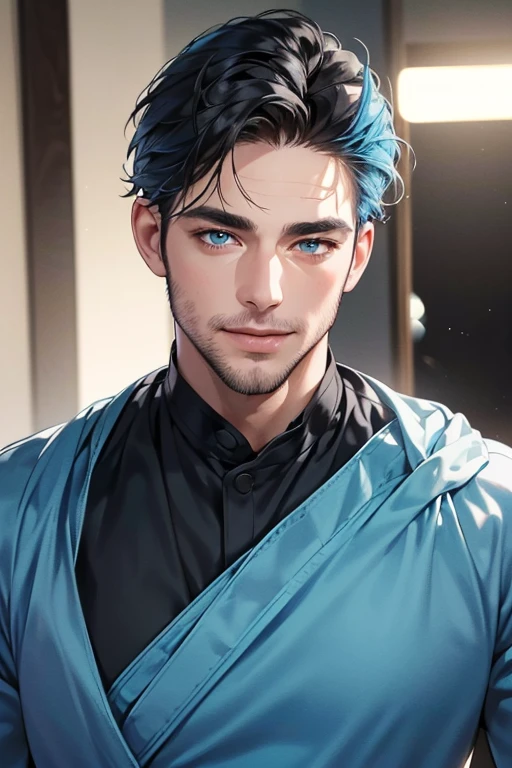 a handsome 35 year old man, 3 day beard, dark hair, sharp jawline, (mesmerizing blue eyes), perfectly styled hair, wearing cool anime outfitt, dynamic lighting, (CEO), (expression, smile in love), (best quality,4k,8k,highres,masterpiece:1.2),ultra-detailed,(realistic,photorealistic,photo-realistic:1.37)