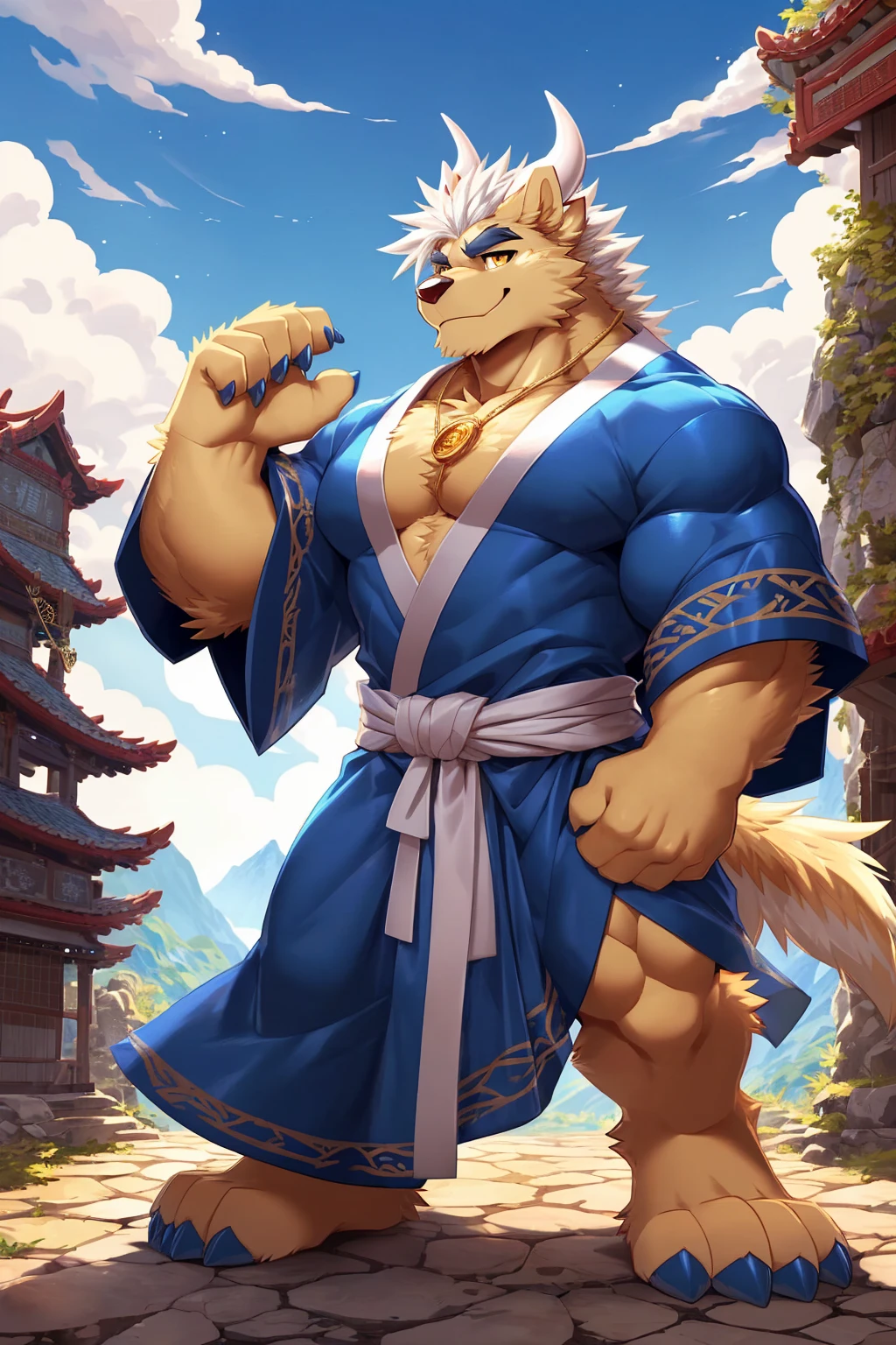 (sfw:1.5), male focus, Handsome 1boy, solitary, single，protrait photo, (Platinum thick eyebrows:1.3), (Dark blue nails, Dark blue claws:1.3), Light golden skin, Light blond hair, (Pale golden tail:1.4), (perfect golden eyes:1.4), (Pale golden ears, Light golden body:1.3), (White horn, White curved corner:1.4), (White hair:1.4), 
Kirin, feet, kirin, kirin boy, kirin body, (large eyes:1.4), (Kirin尾巴:1.4), (Chubby, The body is huge, Larger face:1.4), (Human feet:1.3), (Five fingers:1.4), (Four toes:1.4), (Bare neck:1.4), 
(Hanfu:1.5), (宽松的Short-sleeved robe:1.4), (Dark blue robe, Dark blue robe, Short-sleeved robe, Short-sleeved robe:1.3), (Gold strap:1.3), (A golden jade pendant hangs around the waist:1.3), (Golden robe texture:1.3), (sparkling, Golden:1.2), 
(full body:1.3), (Mature men:1.4), (Strong body, muscle,Strong male, muscle男:1.3), (Chest muscles:1.3), (Thick arms, Strong and strong legs, Strong legs:1.3), (look up, Standing:1.3), (Looking at the audience, Focus, Eyes gaze:1.2), (Smile:1.3), 
full background, (ground, Blue sky, White Cloud, daytime:1.2), Mountain, Ancient buildings, outdoor, 
Mysterious and romantic atmosphere, Caustic lines(refraction, polarization)Perfect anatomical structure, absurd, Detailed background, (Delicate eyes:1.3), Printing style。((artist:Takemoto Arashi))