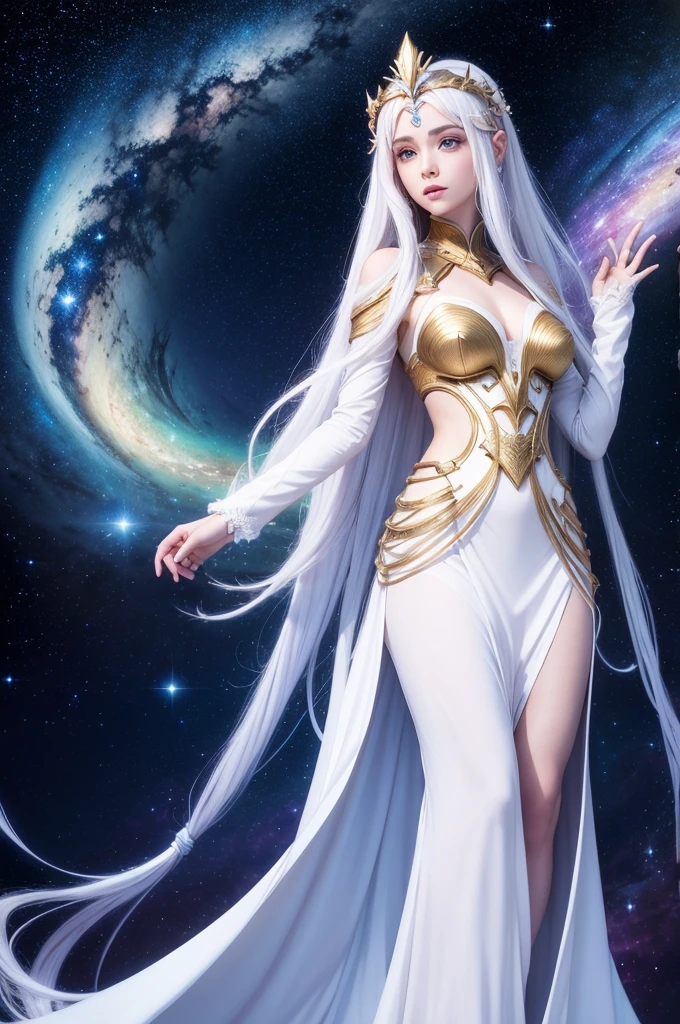 lumara mystical goddess of the stars long white clothing and galaxy hair in the sky