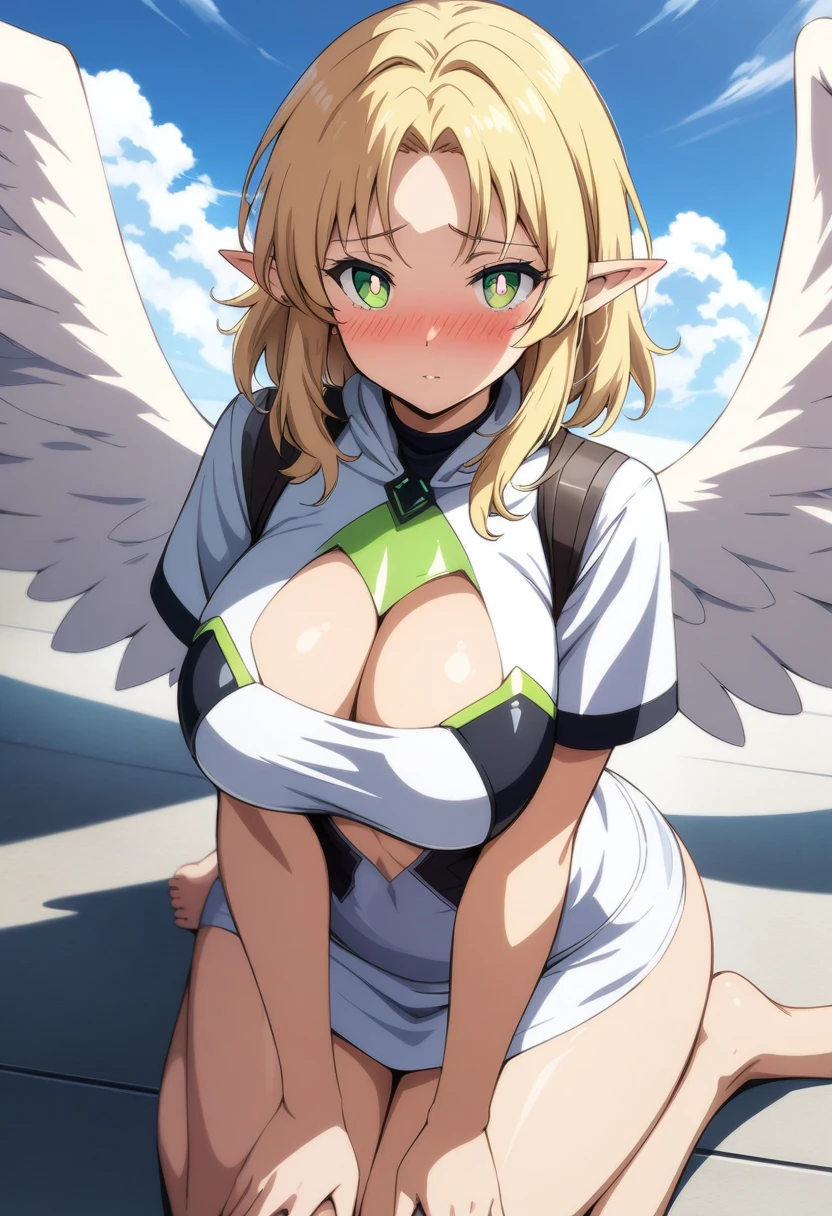anime art style, masterpiece, best quality, very aesthetic, absurdres, dynamic shadows, atmosferic, marcilledonato, ((1girl)), blonde hair, medium hair, parted bangs, green eyes, detailed eyes, bright pupils, pointy ears, curvy body, large breasts, sexy, ((futuristic clothes)), white hoodie, cutout on cleavage, short sleeves, white miniskirt, white wings, big wings, borrowed, embarrased, intense blush, ((cowboy shot)), (from front), (wariza), sky, clouds, (looking at viewer:1.0)
