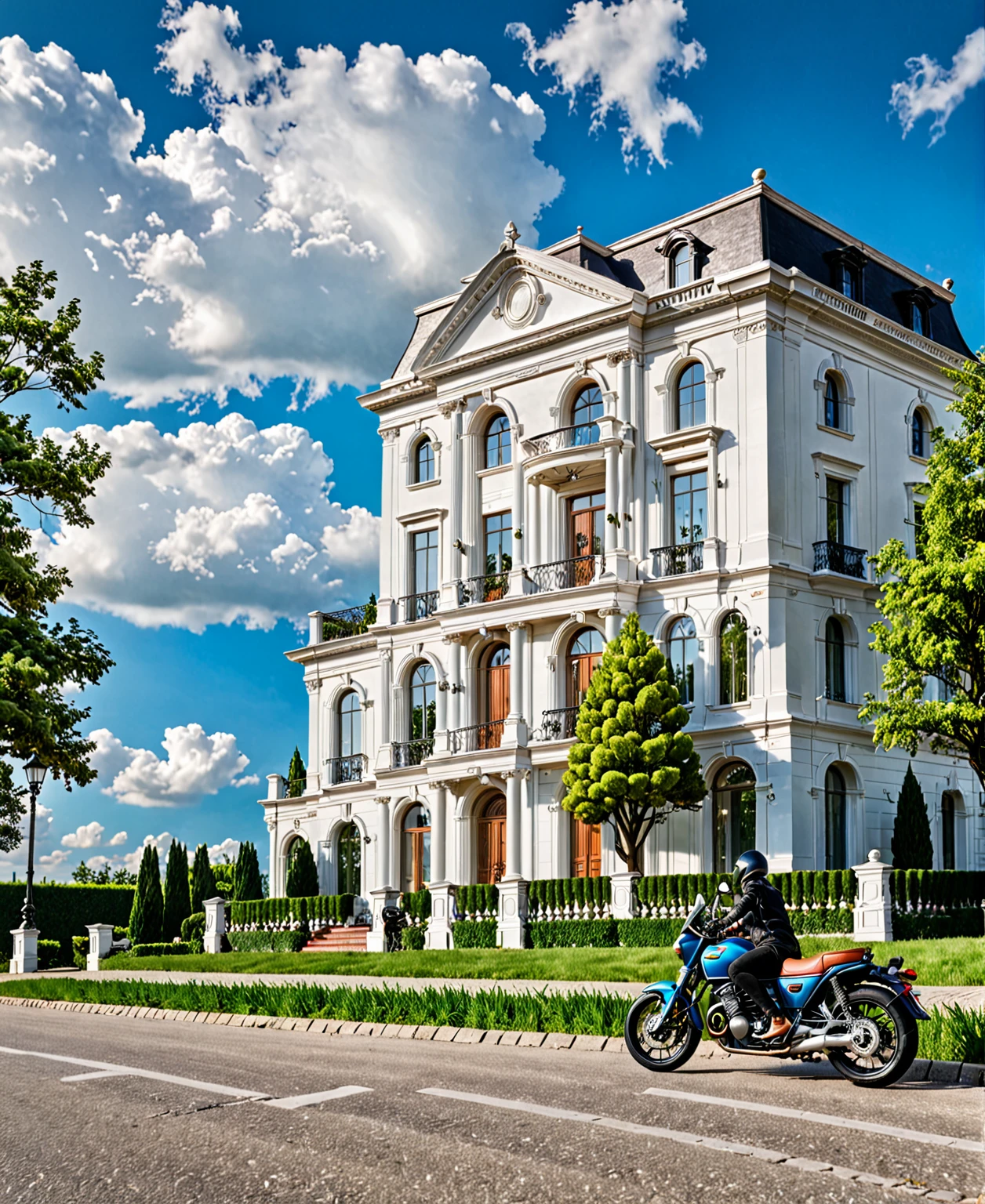 Raw photo,Masterpiece, high quality, best quality, authentic, super detail, exterior, outdoors, house style neoclassic on the street ,aiaigroup, car, human, man, girl, motobike road,pavement, grass, trees, sky, cloud, (day:1.1)