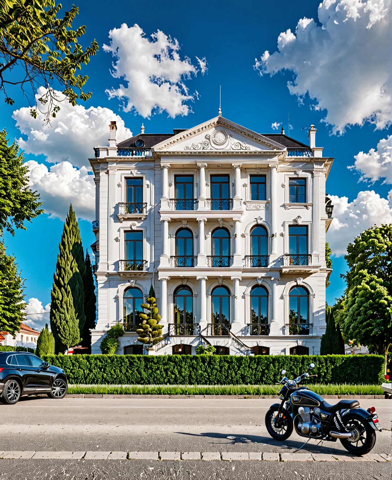 Raw photo,Masterpiece, high quality, best quality, authentic, super detail, exterior, outdoors, house style neoclassic on the street ,aiaigroup, car, human, man, girl, motobike road,pavement, grass, trees, sky, cloud, (day:1.1)
