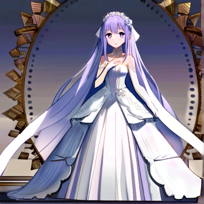 Light lilac fluffy and sparse long hair，Liquid crystal class，The wedding dress is as clear as a tassel，Very nice and beautiful young lady，Wedding dress，There is a looming hazy beauty