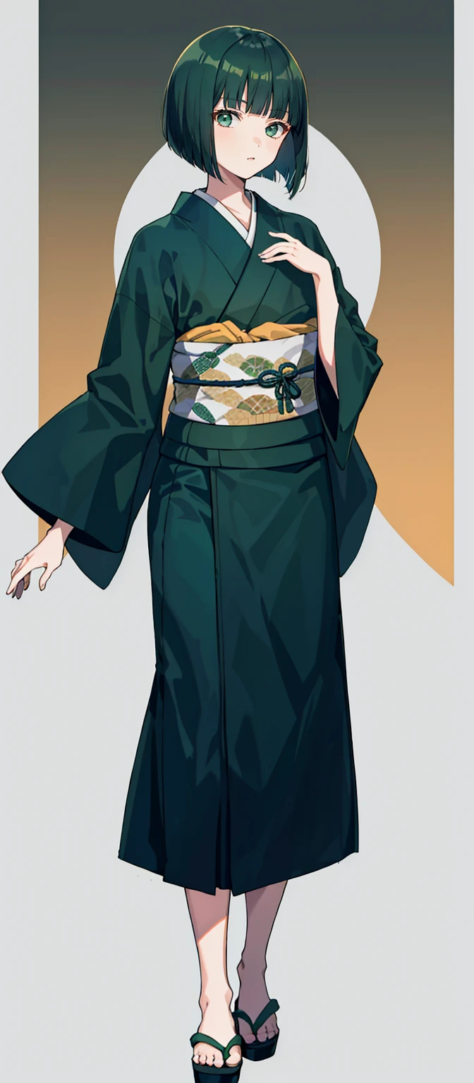 1 boy, 24 years old, full body, blunt bangs, Bob cut, dark green hair, kimono,