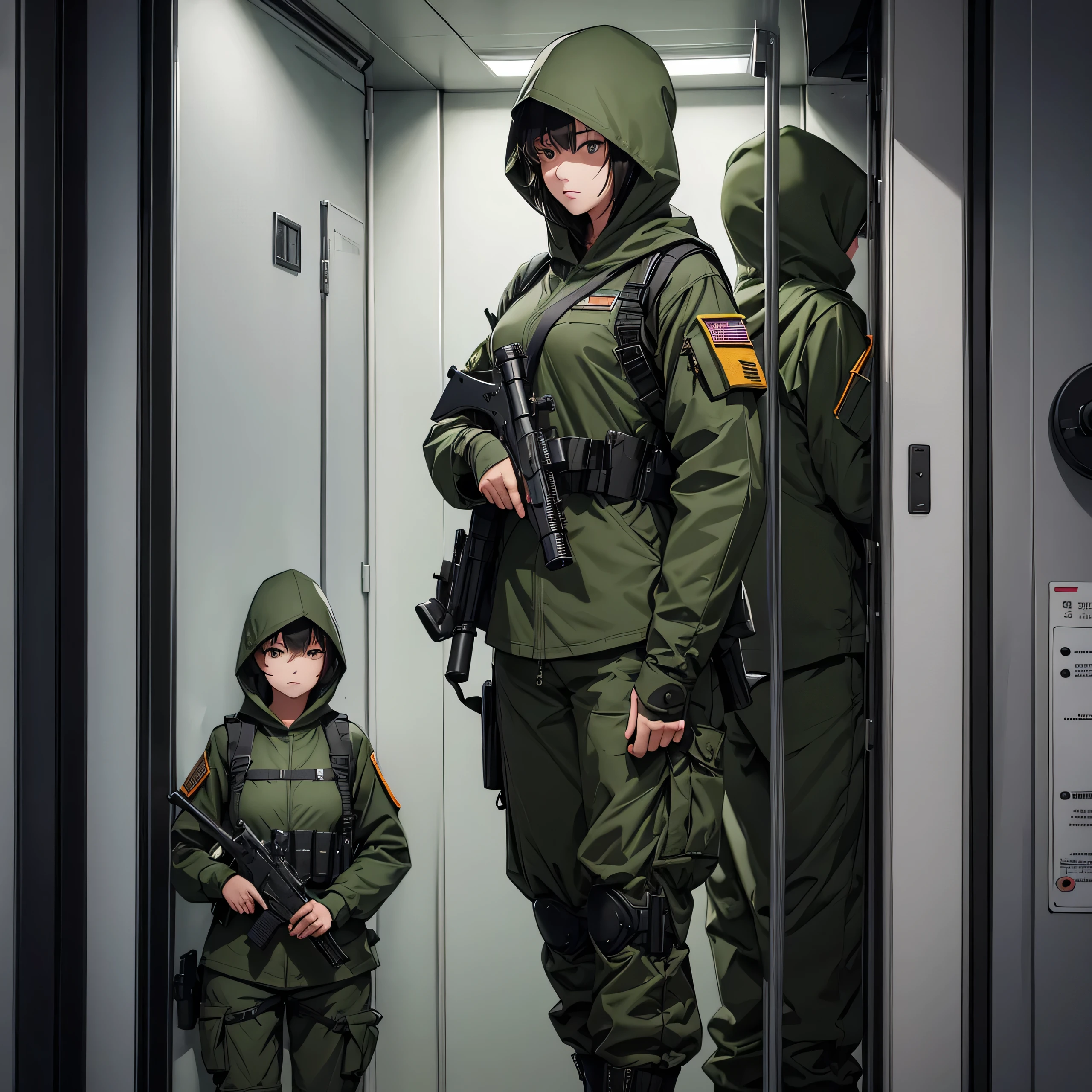 Two female soldiers wearing dark green M-51 hooded uniforms、Hooded on head、Military Pants、A set of individual equipment、Holding guns in both hands at the elevator door、Show only the upper thigh area、Best quality、Very detailed、8K