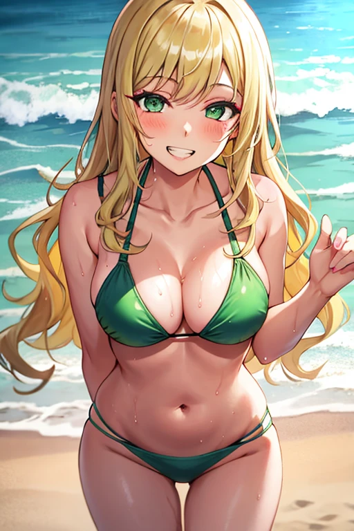 one girl, long wavy hair, blond hair, light green eyes,big breasts,hair over shoulders,(happy smile,clenched teeth), (makeup),light green bikini,standing,hands behind back,beach,wet body, pov from front