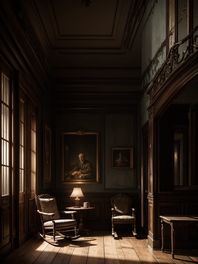 Masterpiece, Illustrate a scene featuring alone rocking chair on a terrace, 16K, ultra high res.photorealistic, HDR, UHD, DSLR, RAW, cinematic lighting,Horror ,Very Horror, Dark, Scary theme.