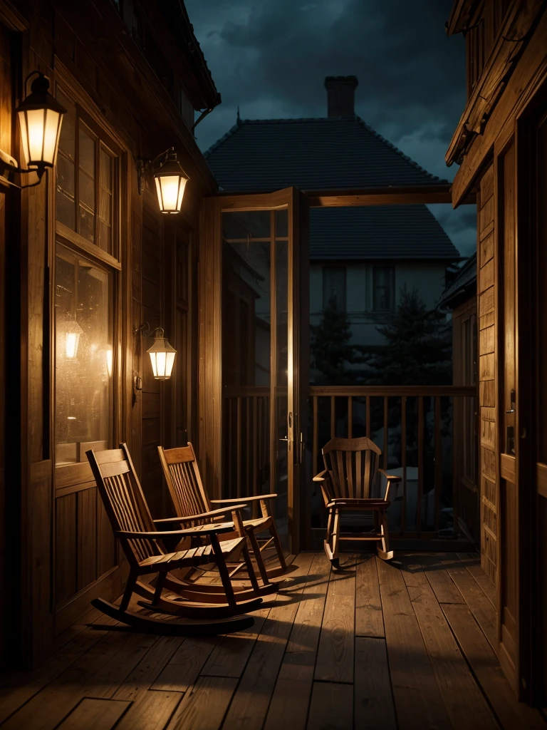 Masterpiece, Illustrate a scene featuring alone rocking chair on a terrace, 16K, ultra high res.photorealistic, HDR, UHD, DSLR, RAW, cinematic lighting,Horror ,Very Horror, Dark, Scary theme.
