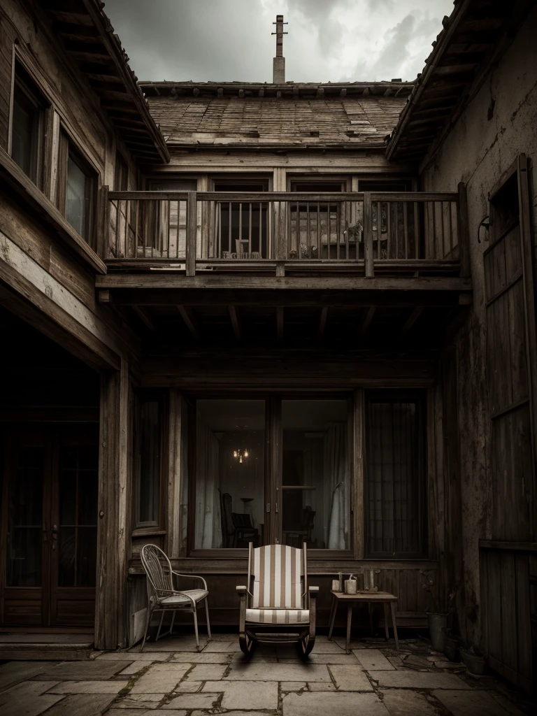 Masterpiece, Illustrate a scene featuring alone rocking chair on a terrace, 16K, ultra high res.photorealistic, HDR, UHD, DSLR, RAW, cinematic lighting,Horror ,Very Horror, Dark, Scary theme.