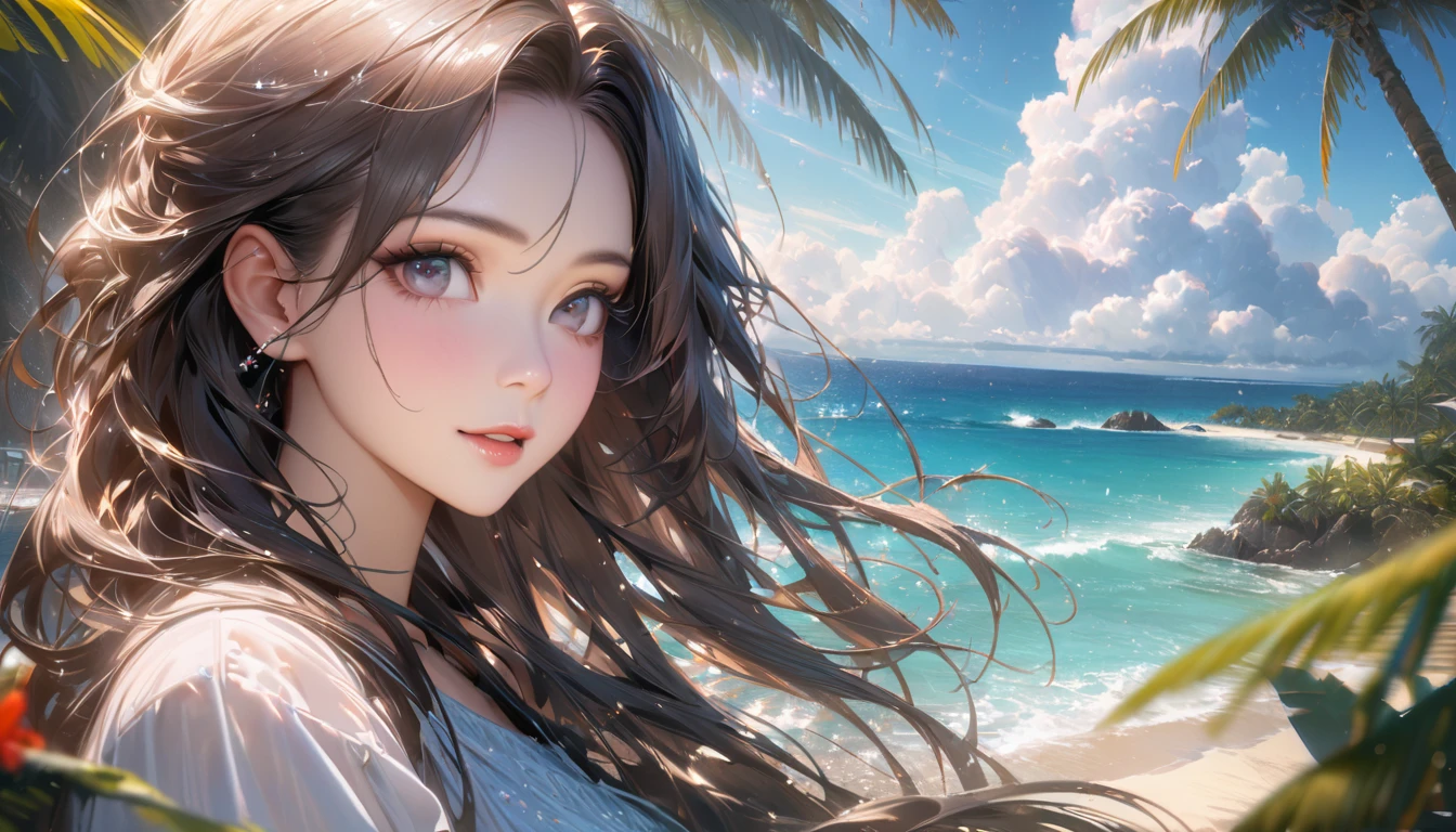 1 girl, medium light black hair, light blue eyes, wearing Sexy outfit , sea , Sexy , high res, ultrasharp, 8K, masterpiece, Looking from the front 18+