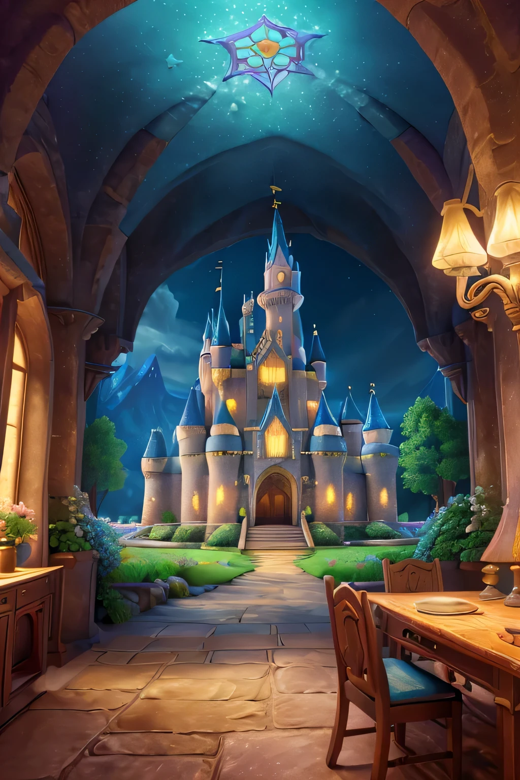 a magical kingdom with several castles, fairy tale castle, fantasy world, medieval pink castle, fairytale landscape, lush green meadows, winding rivers, snow-capped mountains, blue sky with fluffy clouds, beautifully detailed castle architecture, turrets and towers, stained glass windows, ornate decorations, (best quality,4k,8k,highres,masterpiece:1.2),ultra-detailed,(realistic,photorealistic,photo-realistic:1.37),intricate details, vibrant colors, dramatic lighting, fantasy art, digital painting