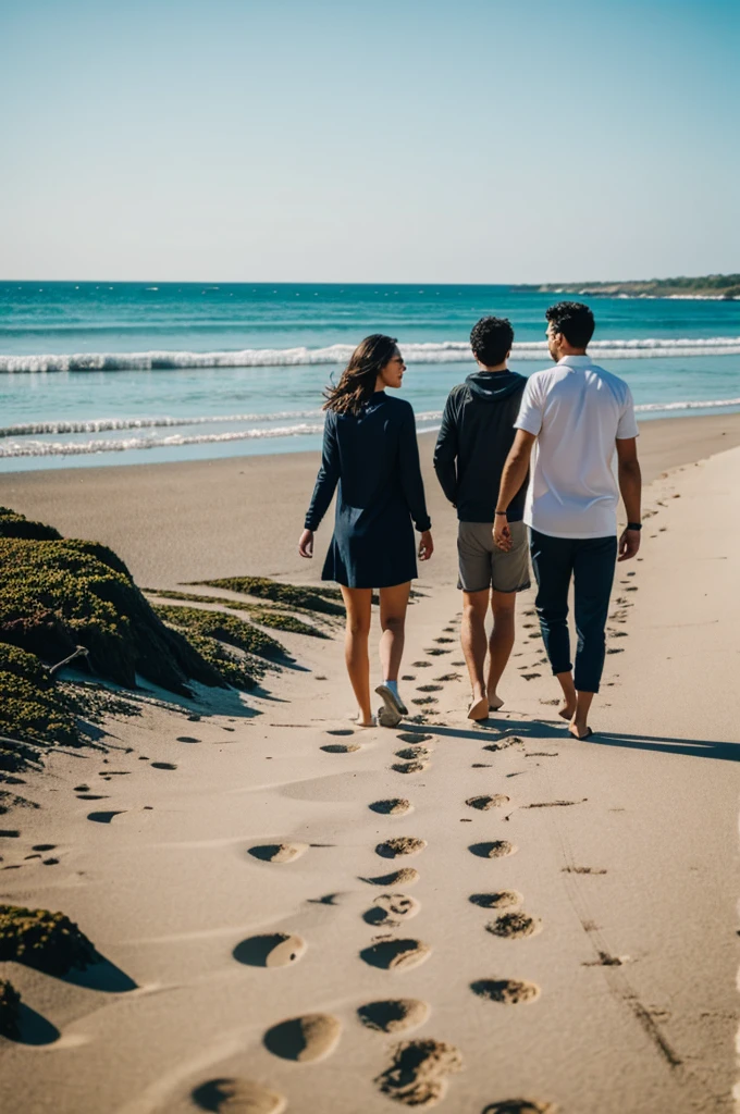 Two friends are walking and talking along the shore of the beach