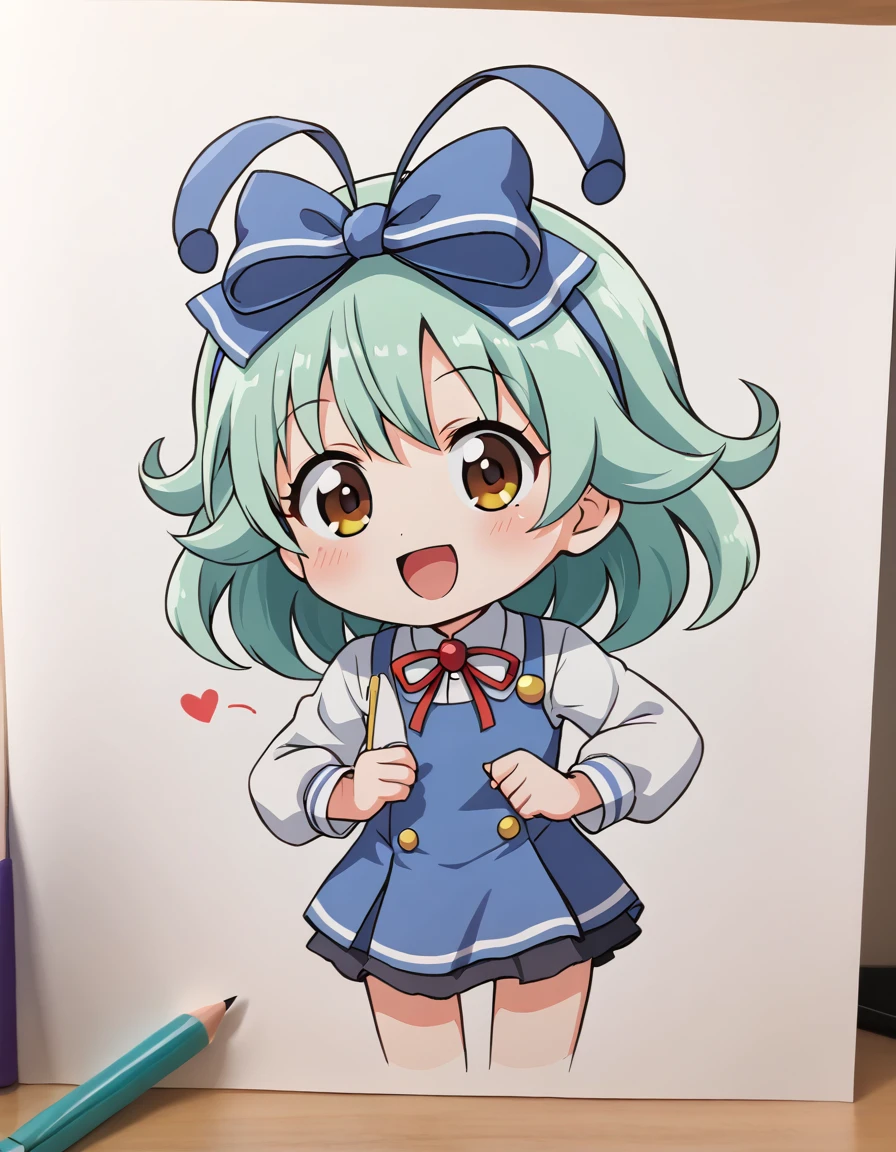 Drawing of a 3 year old girl smiling, with a small shiny bow on her head, com fundo branco