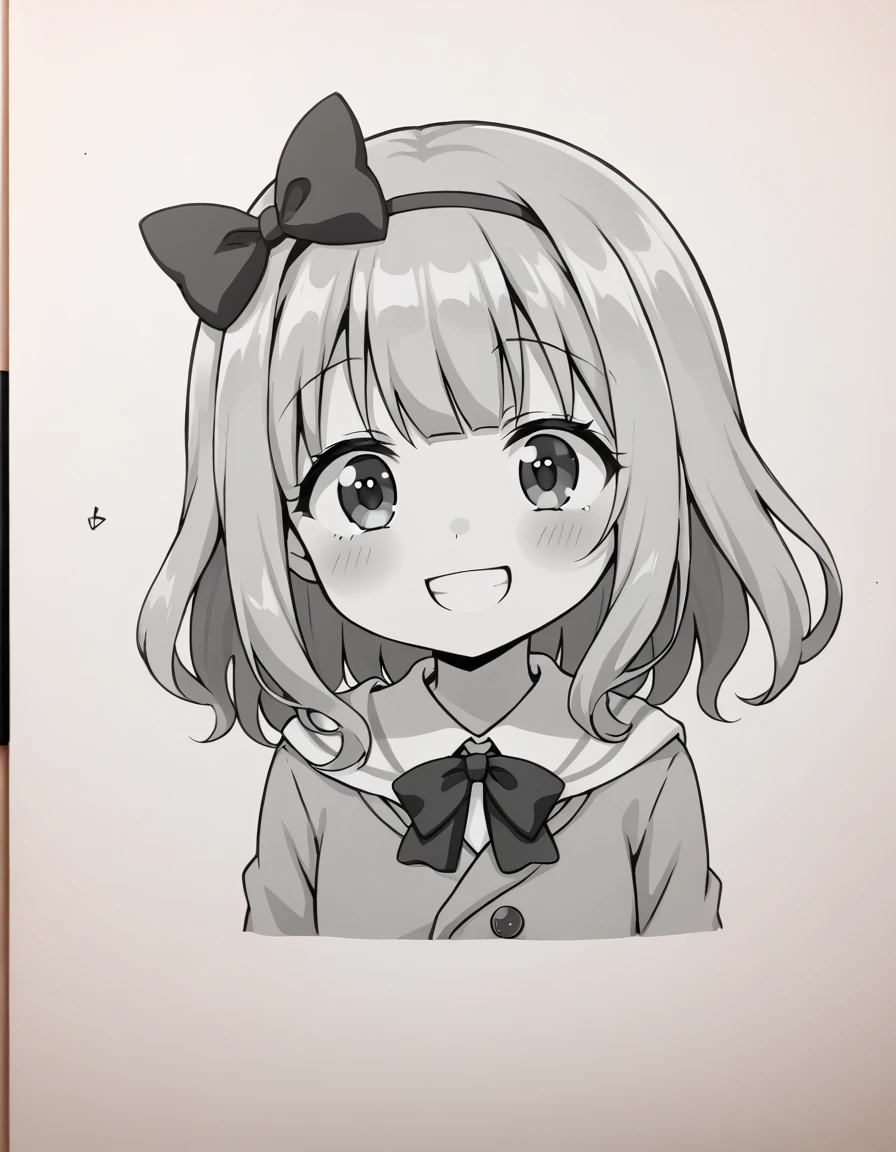 Drawing of a 3 year old girl smiling, with a small shiny bow on her head, com fundo branco