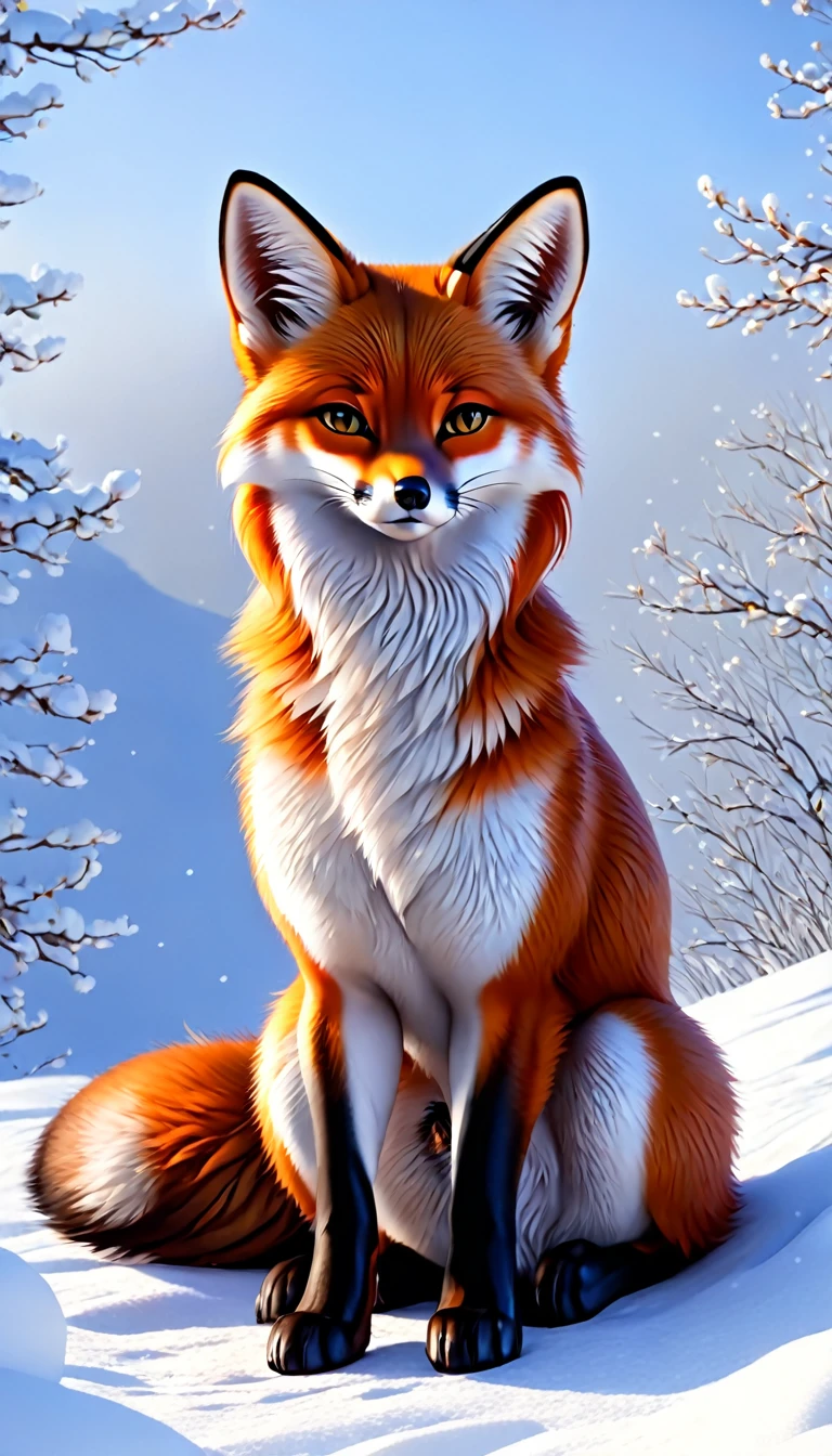 Wild red fox, sitting against the backdrop of snowy fields. looks at the viewer. High quality 4k. realistic. fluffy. fluffy хвост. 