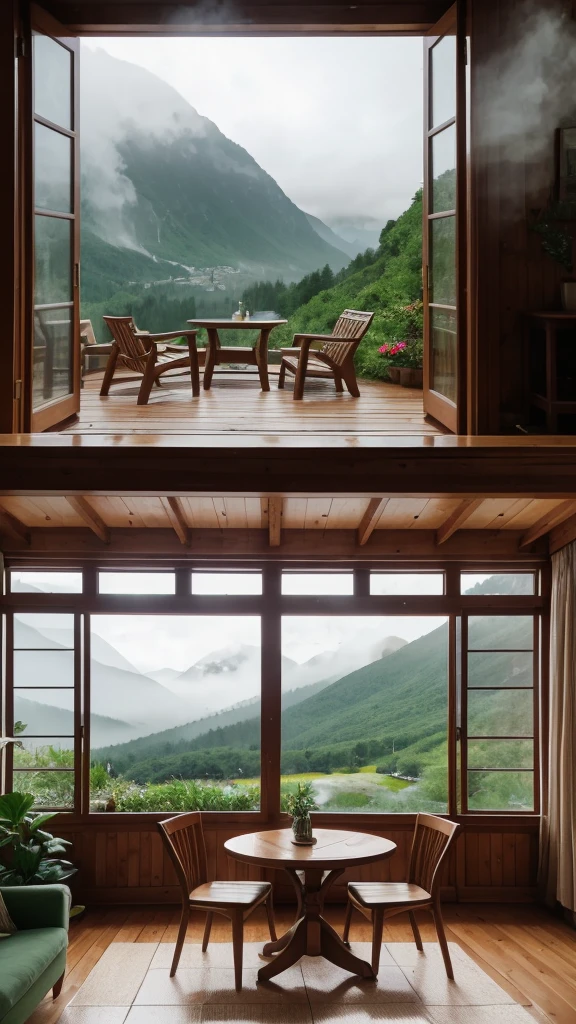 "A cozy cottage interior with large windows showing a rain-soaked mountainous landscape. Rain droplets streak down the glass, and the lush green mountains are shrouded in mist. Soft lighting inside the cottage creates a warm and inviting atmosphere. A comfortable armchair and a small wooden table with a steaming mug of tea or coffee are placed by the window, inviting viewers to relax and enjoy the serene view."