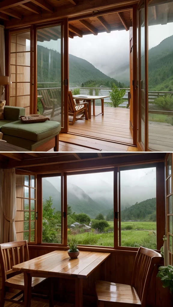 "A cozy cottage interior with large windows showing a rain-soaked mountainous landscape. Rain droplets streak down the glass, and the lush green mountains are shrouded in mist. Soft lighting inside the cottage creates a warm and inviting atmosphere. A comfortable armchair and a small wooden table with a steaming mug of tea or coffee are placed by the window, inviting viewers to relax and enjoy the serene view."