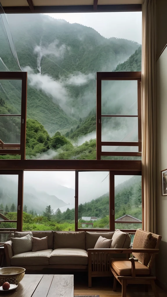 "A cozy cottage interior with large windows showing a rain-soaked mountainous landscape. Rain droplets streak down the glass, and the lush green mountains are shrouded in mist. Soft lighting inside the cottage creates a warm and inviting atmosphere. A comfortable armchair and a small wooden table with a steaming mug of tea or coffee are placed by the window, inviting viewers to relax and enjoy the serene view."