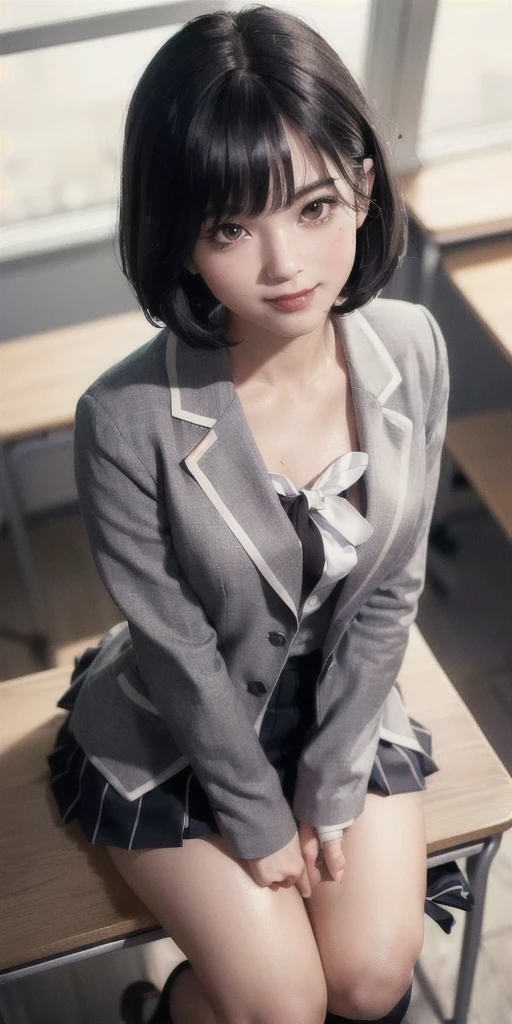 ((8k, RAW photos, top quality, masterpieces), high-definition RAW color photos professional close-up photos, (realistic, photorealism: 1.37), (highest quality), (best shadows), (best illustrations), collarbones ((big)), ((erotic, sexy, ultra high resolution, high-definition CG unified 8K wallpapers, physically based rendering, movie lighting), (aegyo sal:1), 18 year old girl, (grey blazer, ribbon, socks, high school uniform: 1.2), high school classroom, beautiful detail eyes, light on the face, ((full body shot: 1.2)), especially strong light, (upper eyes, grinning smile:1.2),shiny skin, (((black hair, bob hair:1.2))), ( thick thighs), ulzzang-6500-v1.1:0.2, shy, (flash:1.2), NSFW , (puffy), ((seductive posture: 1.2, attractive: 1.2)), (idle), (sitting at a desk in classroom: 1.2)), ((good anatomy: 1.2)), ((bright and refreshing classroom, background blurred: 1.2)), perfect face, cute face, (high angle shot:1.2)