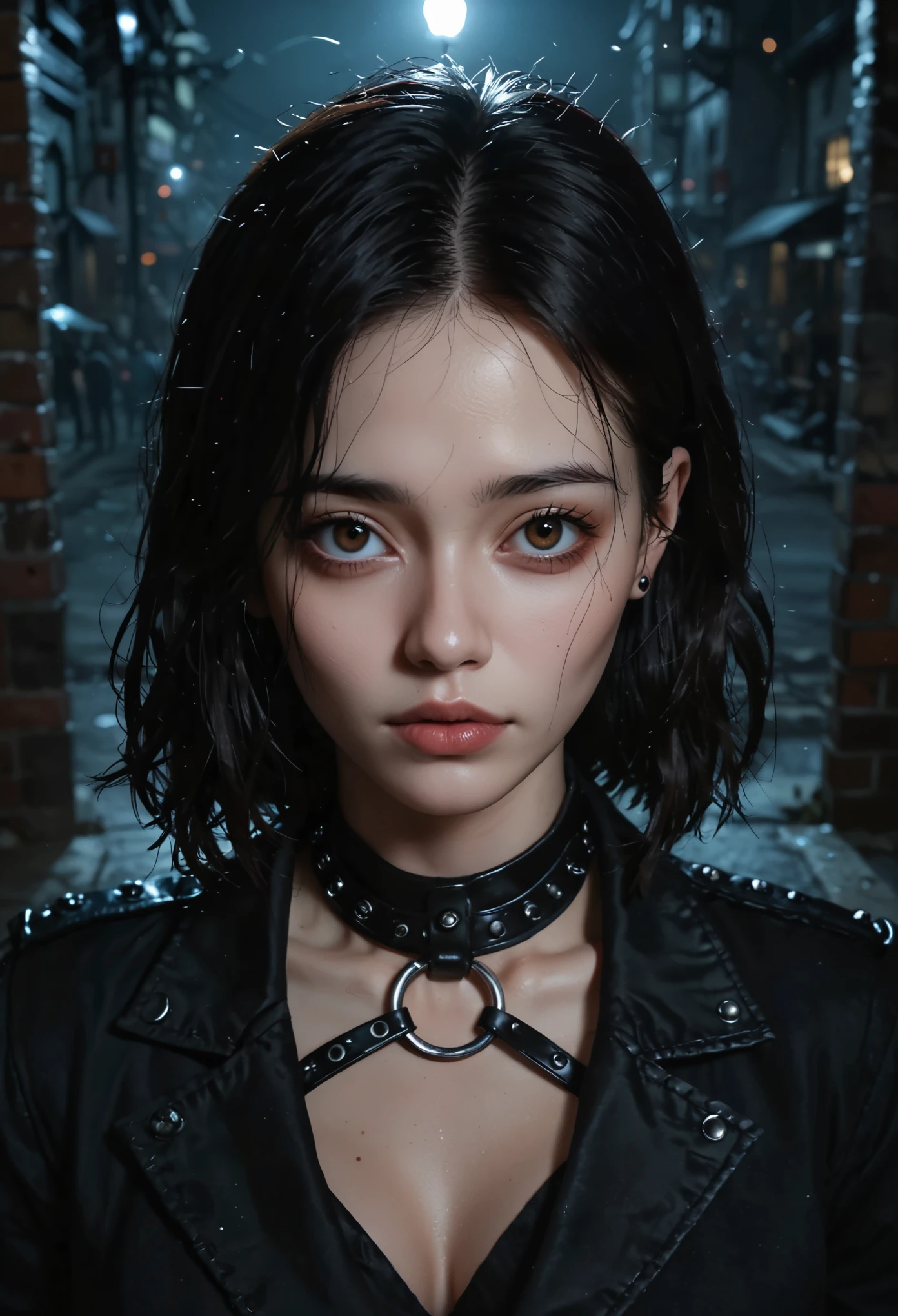 (:-2), realistic, photo-realistic,masterpiece,best quality,high resolution, extremely detailed, intricate details, portrait,solo,1girl,a Japanese woman,(frowning), dark hair,short bob hair,shaggy hair,tied hair, detailed face,detailed eyes,light brown eyes, beautiful pupils,big double eyelid, long eyelashes,pale skin, sweaty,shiny skin, sophisticated nose,realistic nostrils,long and narrow nasal cavity, collarbone,(wearing a blouse, shorts),(metal collar, leashed, handcuff bound wrists, chain, collar chained to handcuff :1.5), photo background, indoors, daytime,