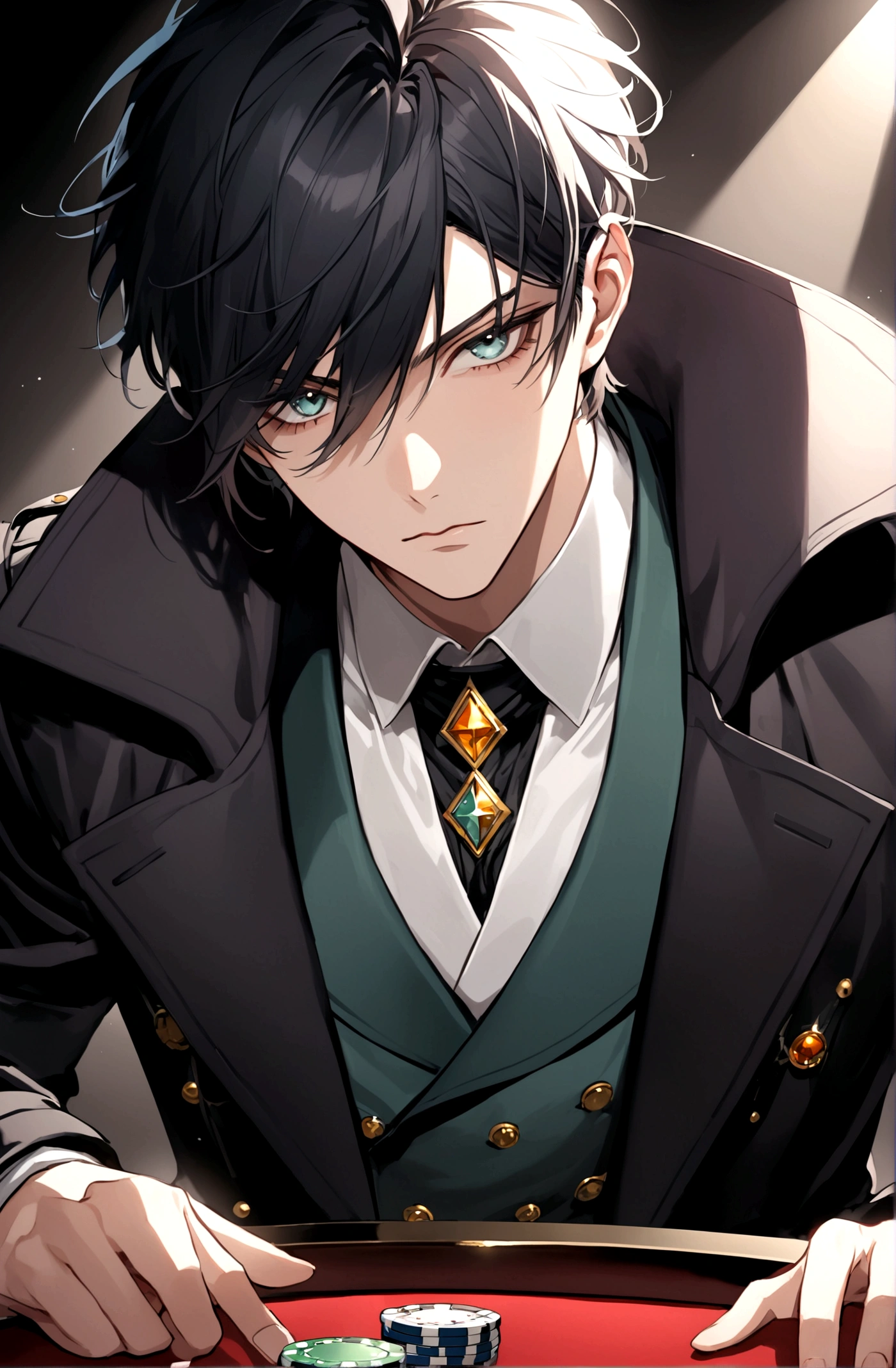 Poker face,Exquisite facial features,Young male，Black trench coat
